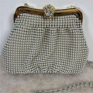 Art Deco White Beaded Mesh Crossbody Purse With Gold Clasp